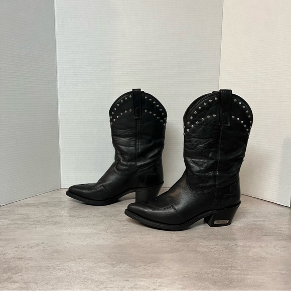 Harley Davidson Western Vintage Silver Studded Black Leather Cowgirl Boots - Picture 11 of 15